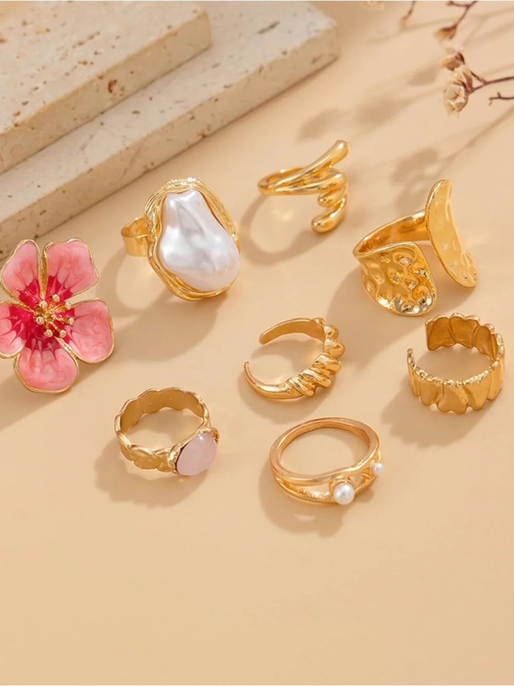 Gold Flower Pink Enamel and Pearl Statement Stackable Ring Set